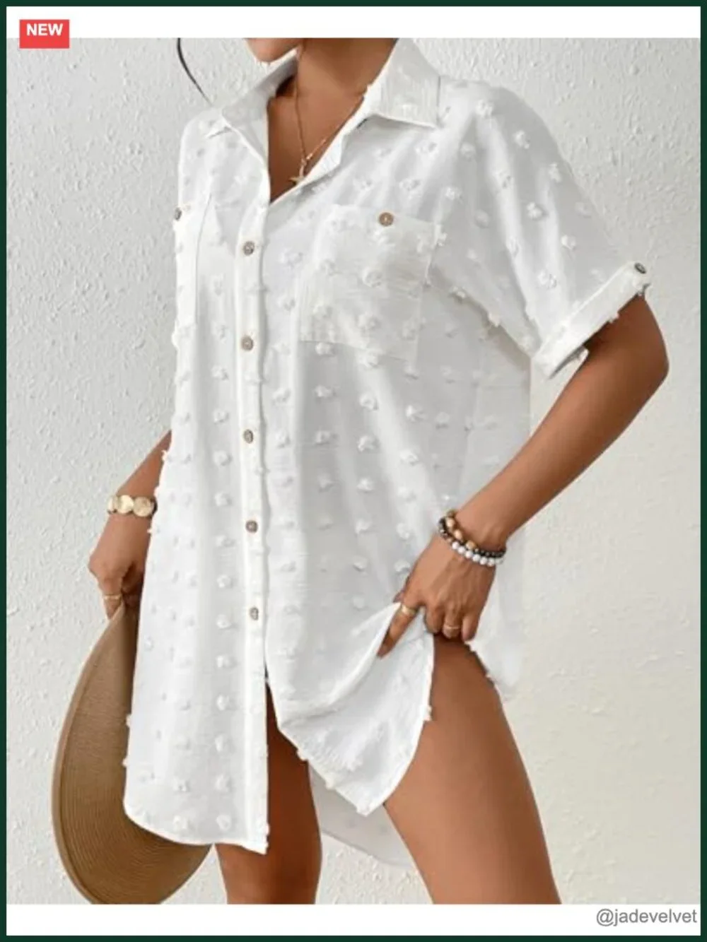 Swiss Dot Smocked Button Down Beach Cover Up Shirt Dress Swimwear Resort Wear